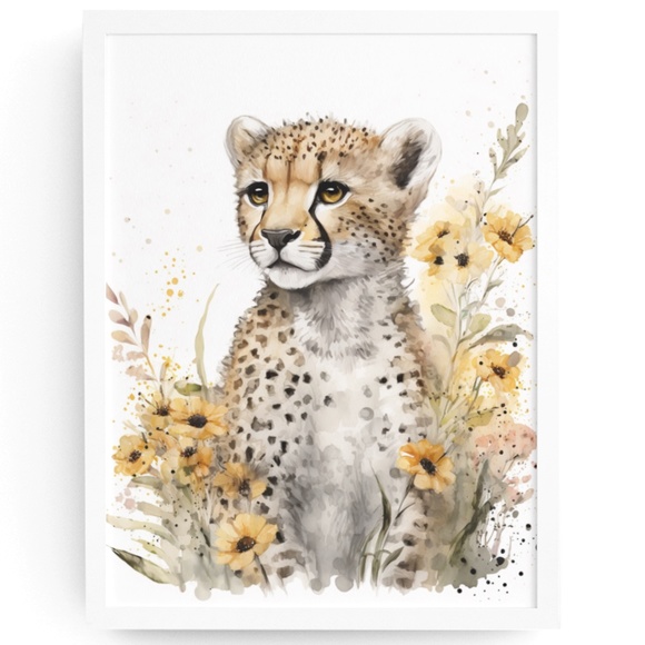 Other - Cute Floral Cheetah Watercolor Wall Art Illustration Print Poster Card Unframed